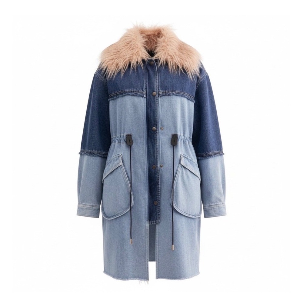 We The Free Denim Jacket Size M Blue Colorblock Duster Faux Fur Plaid Lined Coat